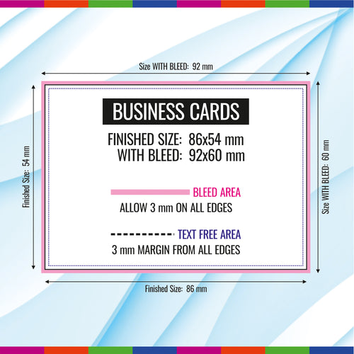 A size and margin reference graphic for business cards, showing a white card template with black text reading 'BUSINESS CARDS' and dimensions for finished size and size with bleed on a blue and white striped background.